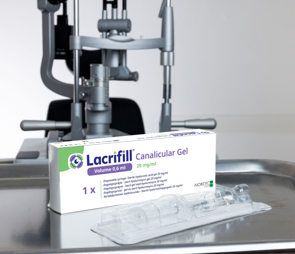 Lacrifill canalicular gel syringe shown in front of branded box packaging